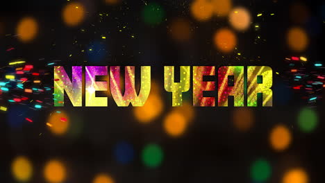 Animation-of-new-year-text-and-confetti-over-spots-of-light-on-black-background