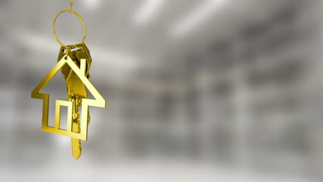 Animation-of-gold-key-with-house-key-fob-and-copy-space-over-out-of-focus-interiors