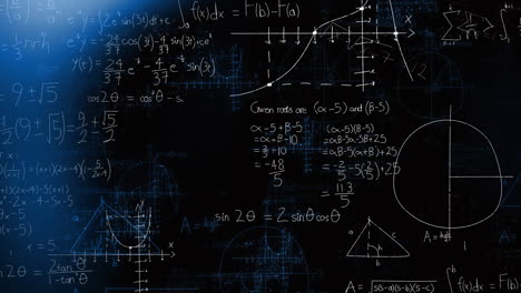 Animation-Mathematischer-Formeln-Und-Gleichungen-über-Blauen-Lichtern-Auf-Schwarzem-Hintergrund