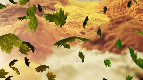 Animation-Von-Grünen-Blättern,-Die-über-Eine-Bergflusslandschaft-Fallen