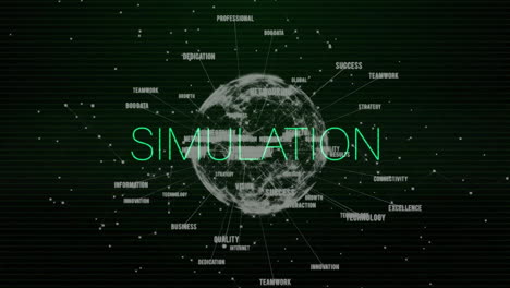 Animation-of-interference-over-simulation-text-with-globe-and-connections-on-black-background