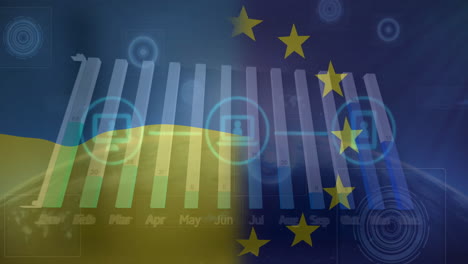 Animation-of-flags-of-ukraine-and-eu-over-network-of-media-icons-and-charts-processing-data