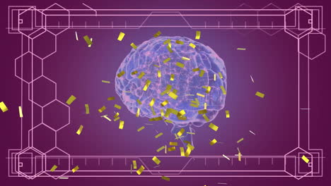Animation-of-confetti-over-digital-brain-and-shapes-on-black-background
