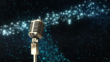 Animation-of-retro-microphone-with-copy-space-over-glowing-blue-spots-of-light-on-dark-background