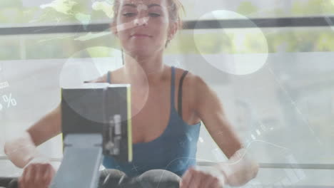 Animation-of-financial-data-processing-over-caucasian-woman-exercising-on-gym