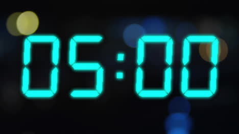 Animation-of-blue-digital-clock-timer-changing-on-black-background