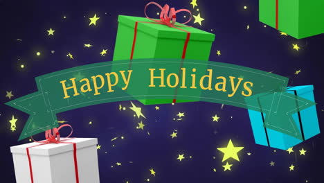 Animation-of-happy-holidays-text-and-snow-falling-over-christmas-gifts-on-blue-background