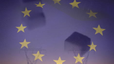 Animation-Der-EU-Flagge-Und-Würfel-über-Strommasten