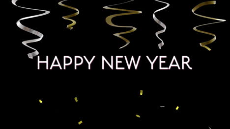 Animation-of-happy-new-year-text,-party-streamers-and-confetti-on-black-background