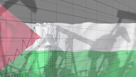 Animation-of-oil-rigs-and-financial-data-processing-over-flag-of-palestine