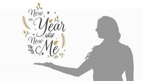 Animation-Des-Textes-„Neues-Jahr,-Neues-Ich“-über-Der-Silhouette-Einer-Frau-Auf-Weißem-Hintergrund