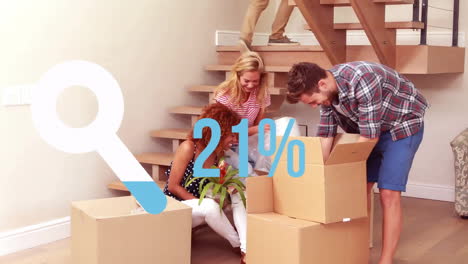 Animation-of-loop-icon-and-percent-in-blue-over-diverse-couple-moving-in-with-cardboard-boxes