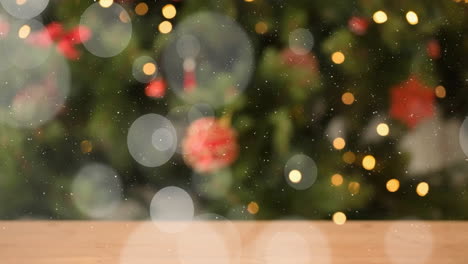 Animation-of-falling-snowflakes-and-white-circles-over-christmas-tree