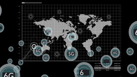 Animation-Der-6G--Und-5G-Text--Und-Datenverarbeitung-über-Einer-Weltkarte-Auf-Schwarzem-Hintergrund