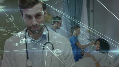 Animation-of-network-of-connections-over-diverse-doctors-and-patient-in-hospital