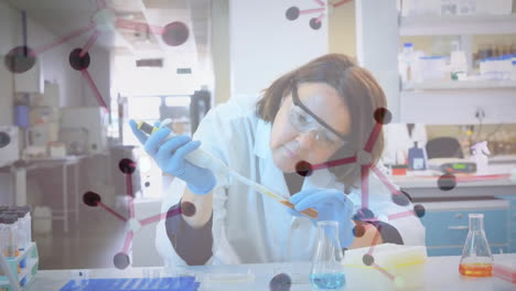 Animation-of-chemical-molecules-over-caucasian-female-scientist-taking-sample-in-lab