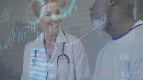 Animation-of-graphs,-loading-circles-and-trading-board,-diverse-female-doctor-talking-with-patient