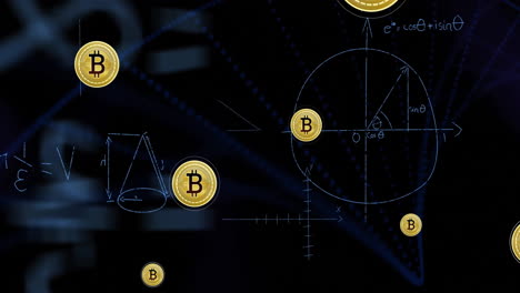 Animación-De-Iconos-De-Bitcoin-Y-Procesamiento-De-Datos-Matemáticos-Sobre-Fondo-Oscuro