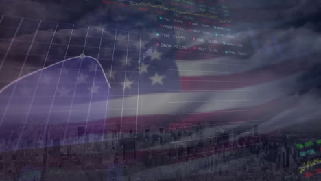 Animation-of-stock-market-and-data-processing-over-cityscape-and-flag-of-usa