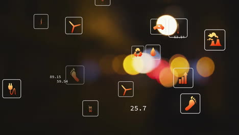 Animation-of-eco-icons-data-processing-over-out-of-focus-city-lights