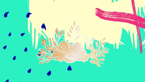 Animation-Von-Blättern-Und-Blüten-über-Einem-Abstrakten,-Lebendigen-Muster