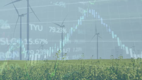 Animation-of-multiple-graphs-and-trading-board-over-windmills-on-grassy-lands-against-sky