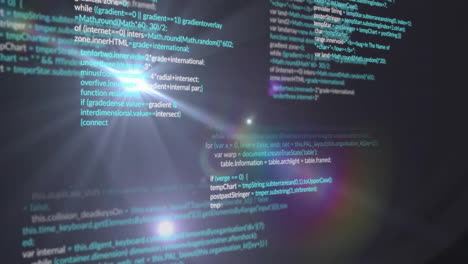 Animation-of-moving-lens-flares-and-multicolored-computer-language-against-black-background