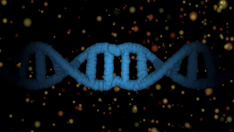 Animation-of-dna-strand-spinning-over-glowing-spots-on-dark-background