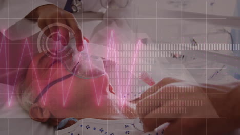 Verschiedene-Ärzte-Behandeln-Einen-Männlichen-Patienten-Im-Bett-Mit-Sauerstoffmaske-über-Einem-Kardiographen-Und-Einem-Scanning-Gerät
