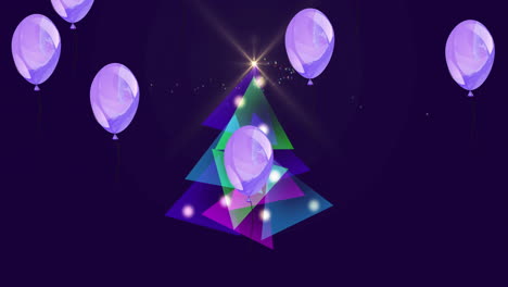 Animation-Von-Lila-Luftballons-über-Weihnachtsbaum-Auf-Schwarzem-Hintergrund