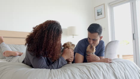 Happy-diverse-gay-male-couple-lying-on-bed-with-two-pet-yorkshire-terrier-dogs,-slow-motion