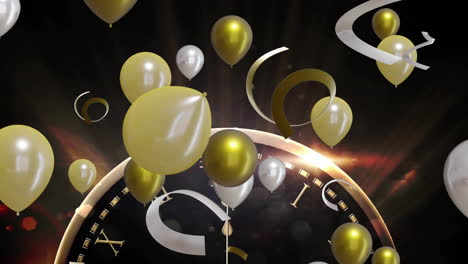 Animation-of-clock-showing-midnight-and-balloons-on-black-background