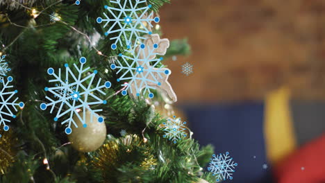 Animación-De-Nieve-Cayendo-Sobre-Un-árbol-De-Navidad-Con-Adornos.