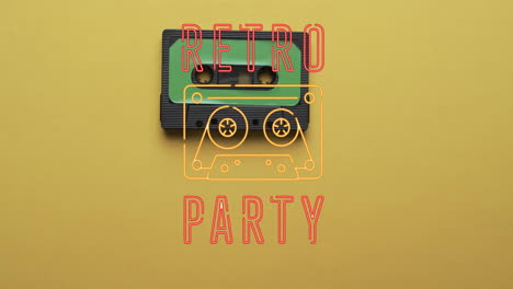 Animation-of-retro-party-text-over-tape-on-yellow-background