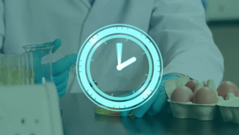 Animation-of-moving-clock-over-caucasian-male-scientist-in-lab