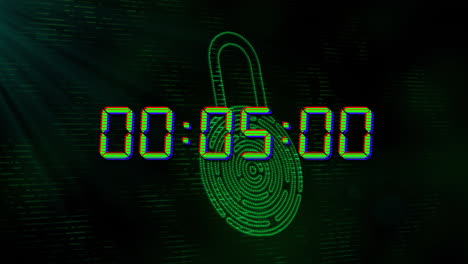 Animation-of-blue-digital-clock-timer-changing-over-biometric-padlock-on-black-background