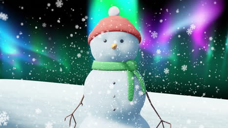 Animation-Von-Schnee,-Der-Zu-Weihnachten-über-Schneemann-Und-Winterlandschaft-Fällt