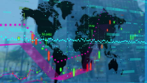 Animation-of-financial-data-processing-over-world-map-and-building