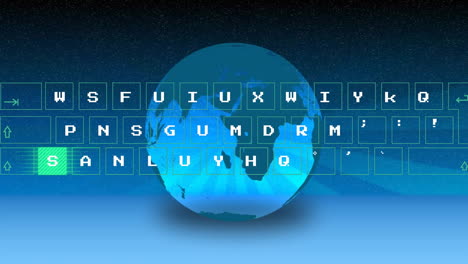 Animation-of-illuminated-pattern-moving-on-keyboard-over-rotating-globe-against-blue-background