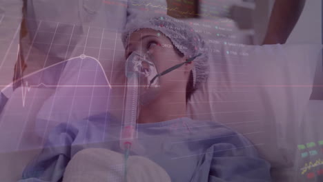Diverse-doctors-over-female-patient-in-bed-with-oxygen-mask-over-cardiograph-and-stock-market