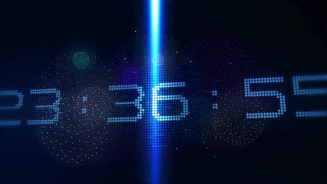 Animation-of-digital-clock-showing-midnight-and-glowing-light-on-black-background
