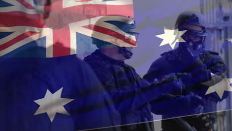Animation-of-flag-of-australia-over-caucasian-male-soldiers-discussing-strategy