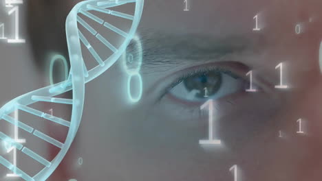 Animation-of-dna-strand-spinning,-binary-coding-over-caucasian-man's-face