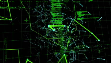 Animation-of-data-processing-over-blue-and-green-networks-of-connections-on-black-background