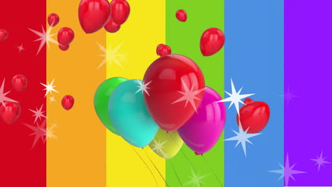 Animation-Von-Sternen-Und-Luftballons,-Die-über-Einem-Regenbogenstreifen-Hintergrund-Fliegen
