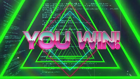 Animation-Von-„You-Win“-Text-Und--Formen-über-Der-Datenverarbeitung-Auf-Schwarzem-Hintergrund