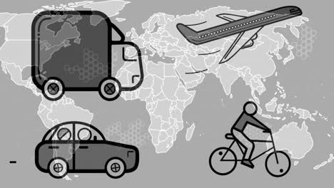 Animation-Von-Transportsymbolen-über-Der-Weltkarte-Auf-Grauem-Hintergrund