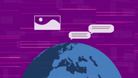 Animation-Von-Nachrichtenfeldern-Und-Bildern-Mit-Linien-Auf-Violettem-Hintergrund