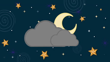 Animation-of-stars-and-crescent-moon-with-cloud-on-blue-background