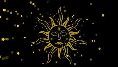Animation-of-gold-sun-face-and-yellow-light-spots-on-black-background